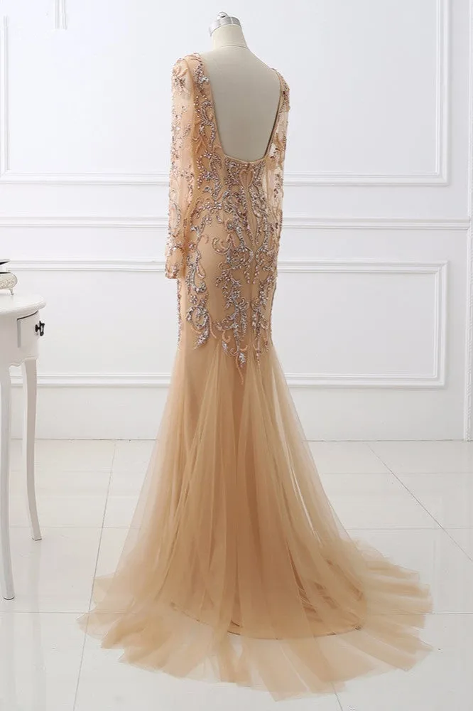 Ballbellas Beautiful Champagne V-Neck Long Sleeves Evening Dress Mermaid Tulle Ruffles with Beadings Rhinestones
