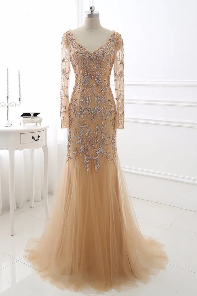 Ballbellas Beautiful Champagne V-Neck Long Sleeves Evening Dress Mermaid Tulle Ruffles with Beadings Rhinestones