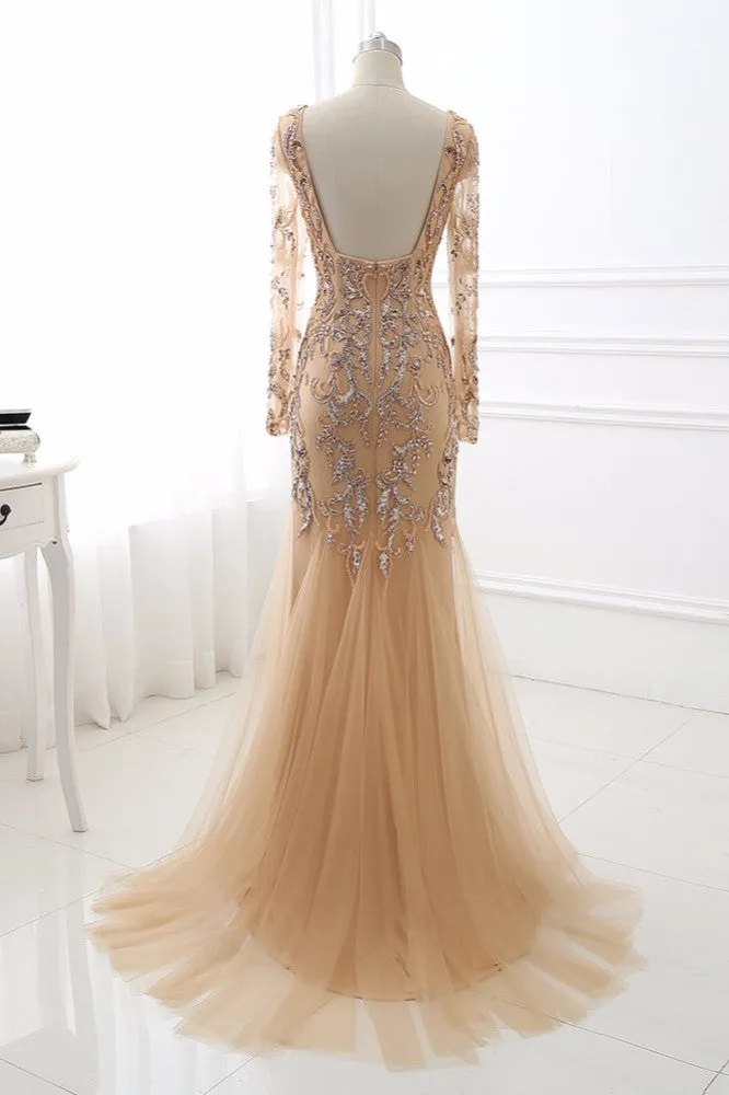 Ballbellas Beautiful Champagne V-Neck Long Sleeves Evening Dress Mermaid Tulle Ruffles with Beadings Rhinestones