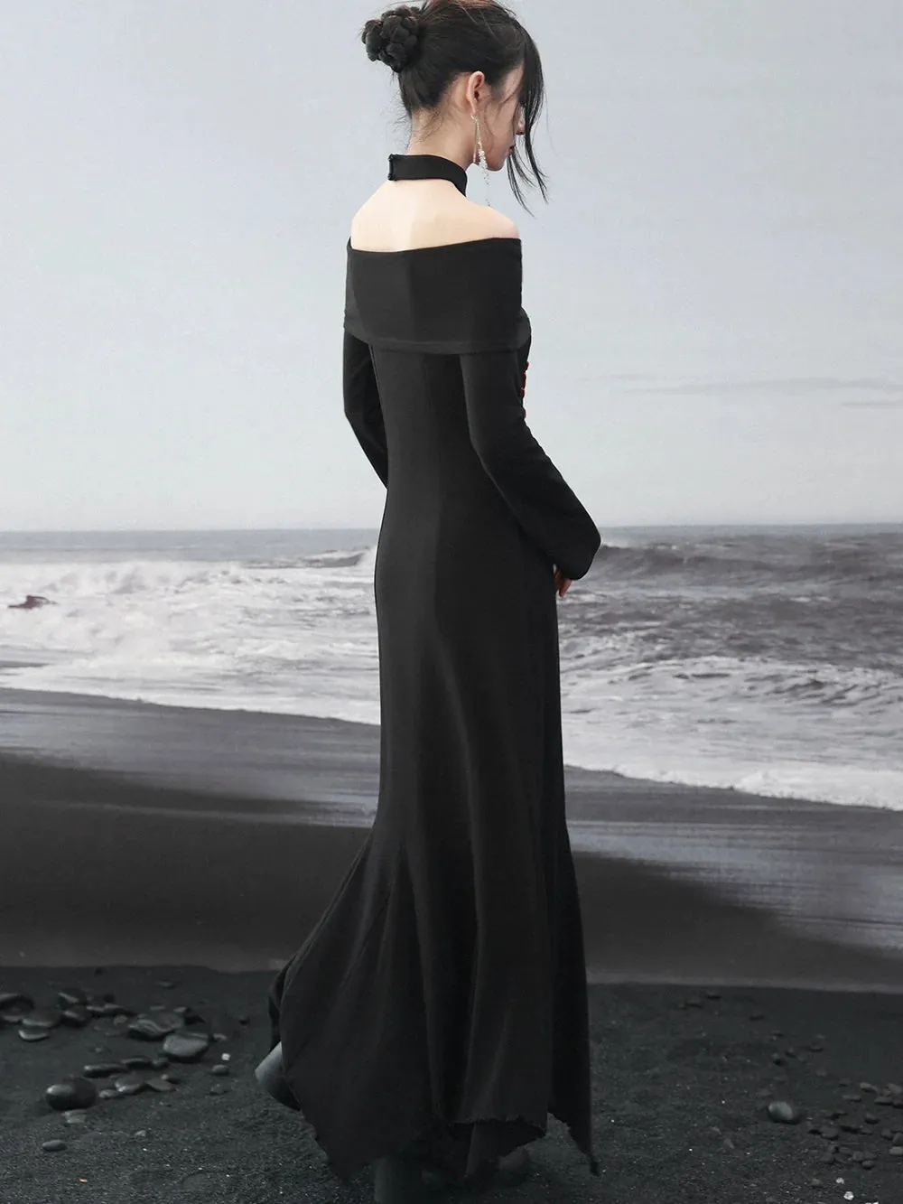 Off-the-shoulder Slim Slim Dark Draped Dress
