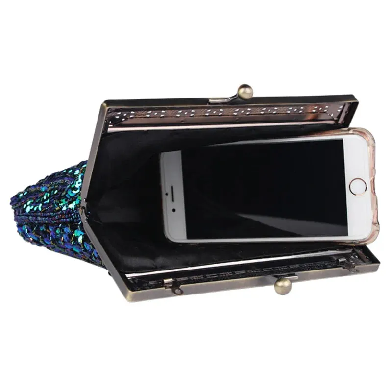 Peacock Elegance: Sequin Evening Clutch with Chain Shoulder Strap - Perfect for Banquets and Weddings