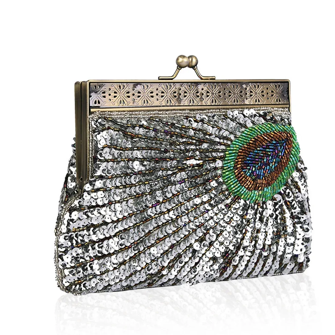 Peacock Elegance: Sequin Evening Clutch with Chain Shoulder Strap - Perfect for Banquets and Weddings