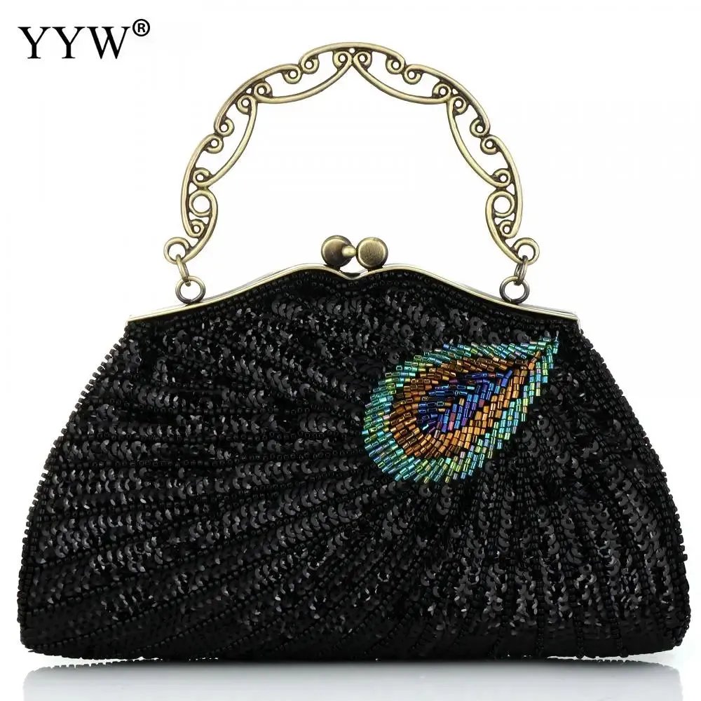 Peacock Elegance: Sequin Evening Clutch with Chain Shoulder Strap - Perfect for Banquets and Weddings