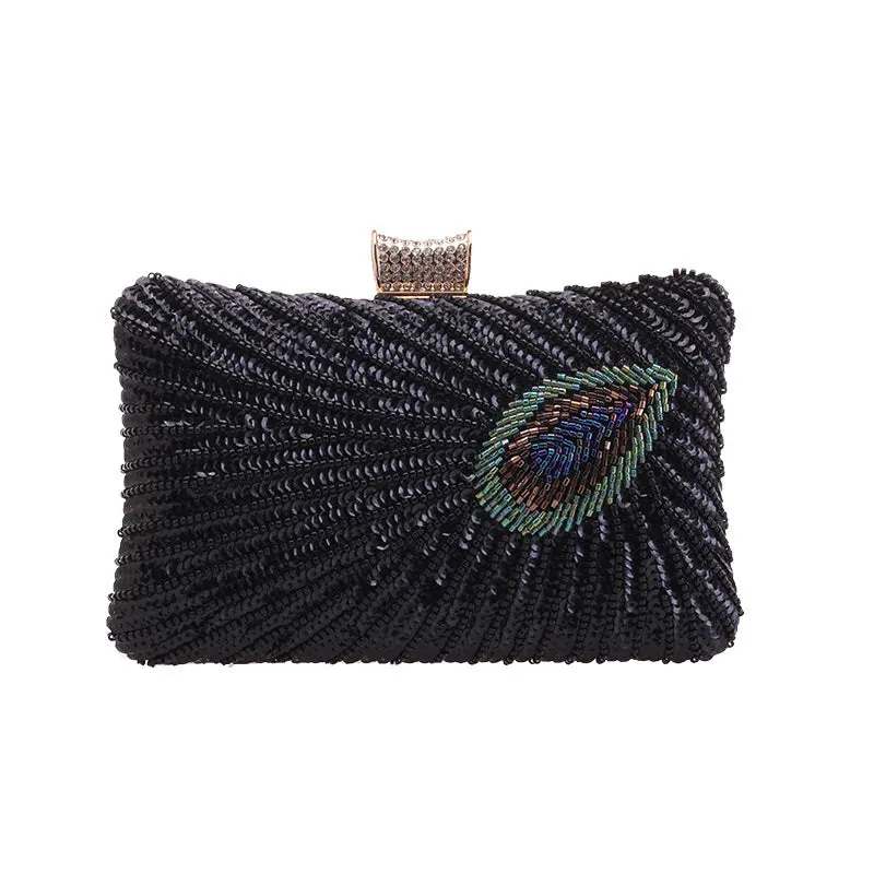 Peacock Elegance: Sequin Evening Clutch with Chain Shoulder Strap - Perfect for Banquets and Weddings