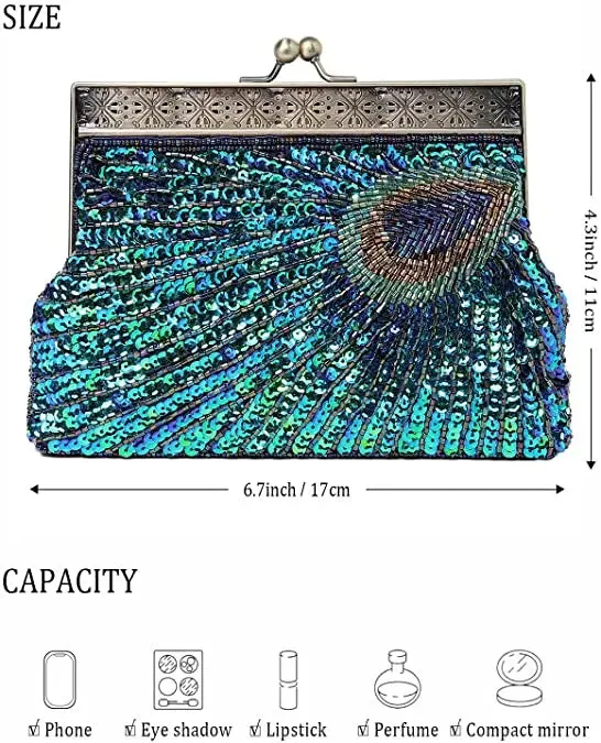 Peacock Elegance: Sequin Evening Clutch with Chain Shoulder Strap - Perfect for Banquets and Weddings