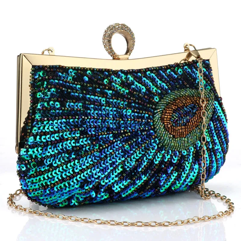 Peacock Elegance: Sequin Evening Clutch with Chain Shoulder Strap - Perfect for Banquets and Weddings