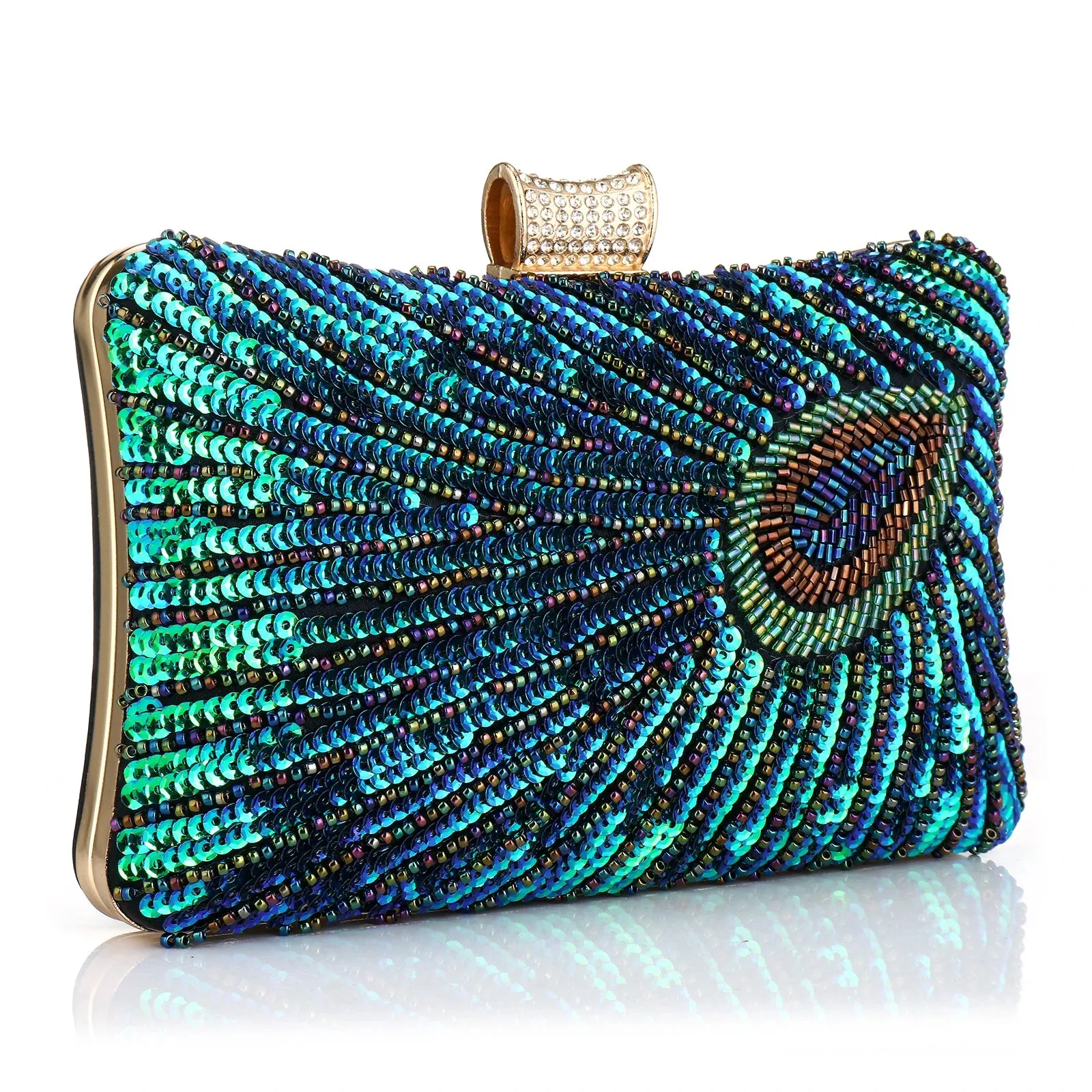Peacock Elegance: Sequin Evening Clutch with Chain Shoulder Strap - Perfect for Banquets and Weddings