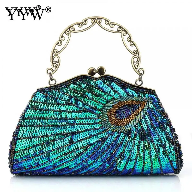 Peacock Elegance: Sequin Evening Clutch with Chain Shoulder Strap - Perfect for Banquets and Weddings