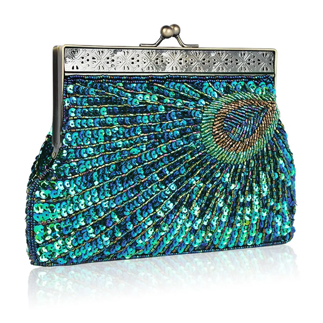 Peacock Elegance: Sequin Evening Clutch with Chain Shoulder Strap - Perfect for Banquets and Weddings