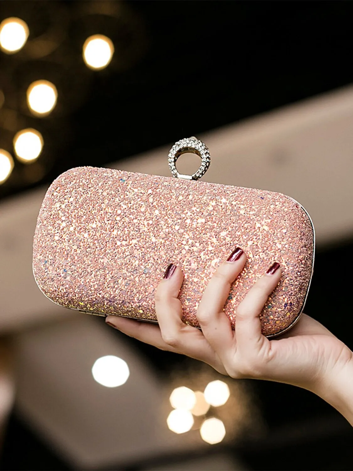 PU Leather Lightweight Large Capacity Durable Solid Colour Rhinestone Clutch Bags