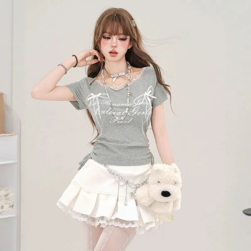 Sweet Girl Style Lace Drawstring Slimming T-shirt