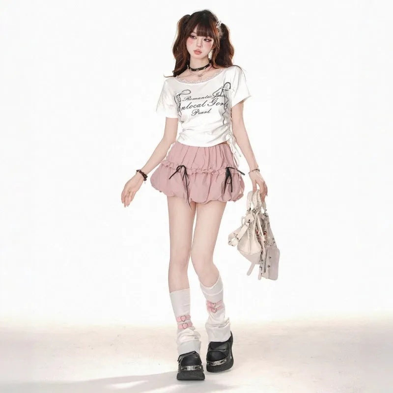 Sweet Girl Style Lace Drawstring Slimming T-shirt