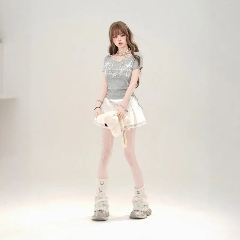 Sweet Girl Style Lace Drawstring Slimming T-shirt