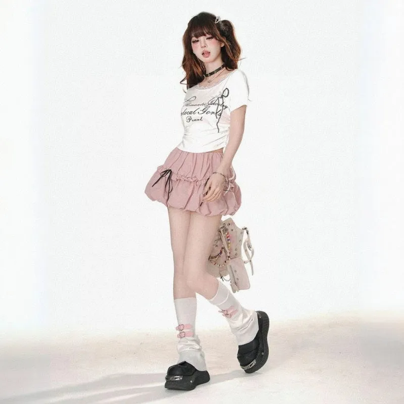 Sweet Girl Style Lace Drawstring Slimming T-shirt