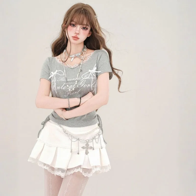 Sweet Girl Style Lace Drawstring Slimming T-shirt