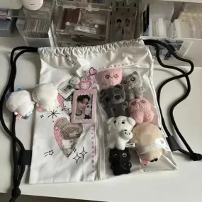Uakiss Cartoon Printed Kawaii Ita Backpacks Transparent Pocket Harajuku Pain Bag Canvas Drawstring Casual Backpacks Y2k Lolita Bag Girl