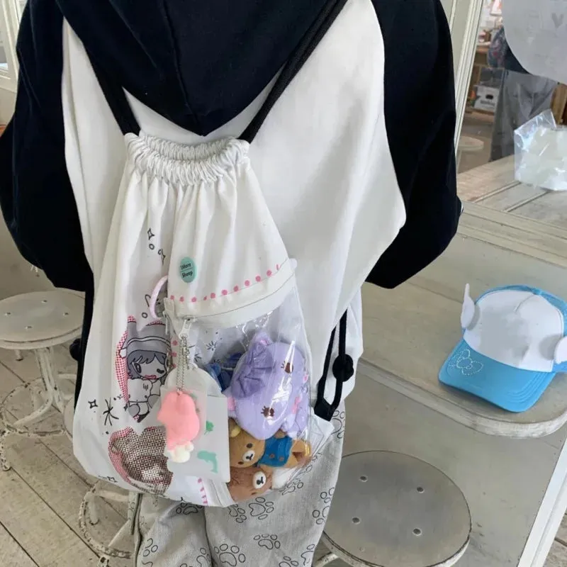 Uakiss Cartoon Printed Kawaii Ita Backpacks Transparent Pocket Harajuku Pain Bag Canvas Drawstring Casual Backpacks Y2k Lolita Bag Girl