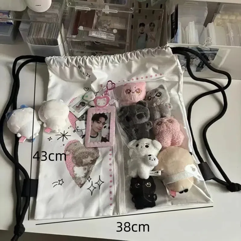 Uakiss Cartoon Printed Kawaii Ita Backpacks Transparent Pocket Harajuku Pain Bag Canvas Drawstring Casual Backpacks Y2k Lolita Bag Girl