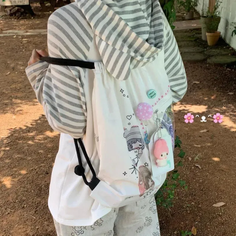 Uakiss Cartoon Printed Kawaii Ita Backpacks Transparent Pocket Harajuku Pain Bag Canvas Drawstring Casual Backpacks Y2k Lolita Bag Girl