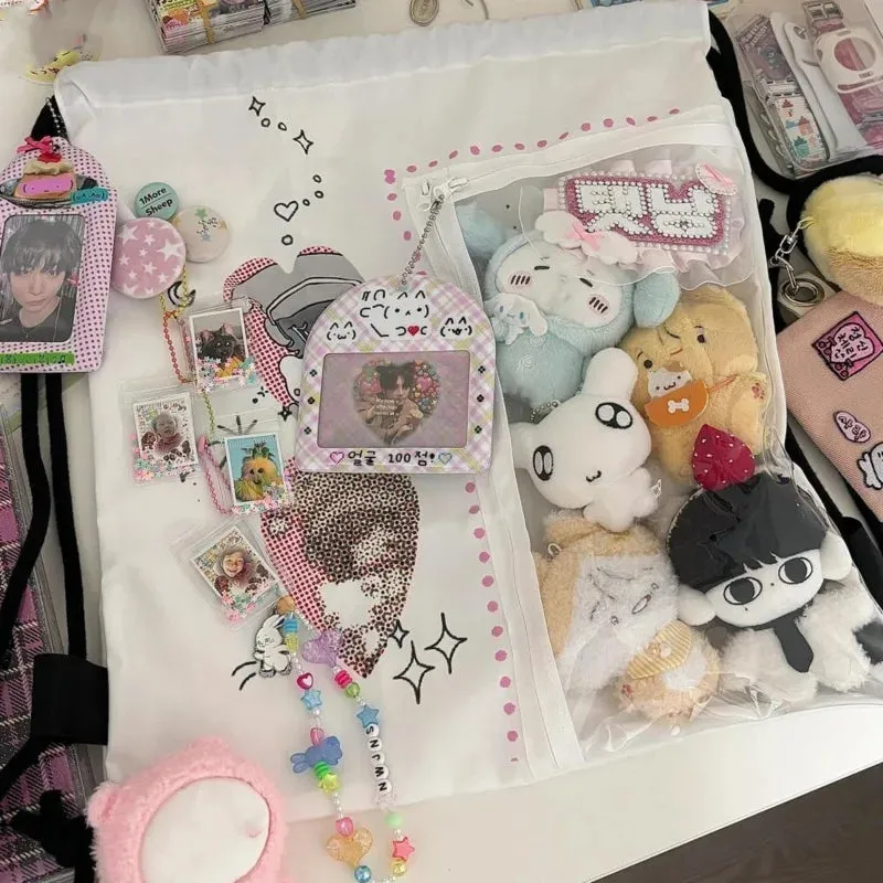 Uakiss Cartoon Printed Kawaii Ita Backpacks Transparent Pocket Harajuku Pain Bag Canvas Drawstring Casual Backpacks Y2k Lolita Bag Girl