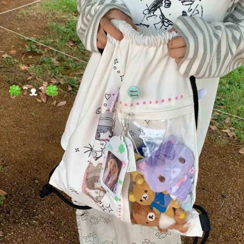 Uakiss Cartoon Printed Kawaii Ita Backpacks Transparent Pocket Harajuku Pain Bag Canvas Drawstring Casual Backpacks Y2k Lolita Bag Girl